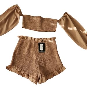 Pretty Little Thing Two Piece set size 12 Bandu Top with sleeves and shorts